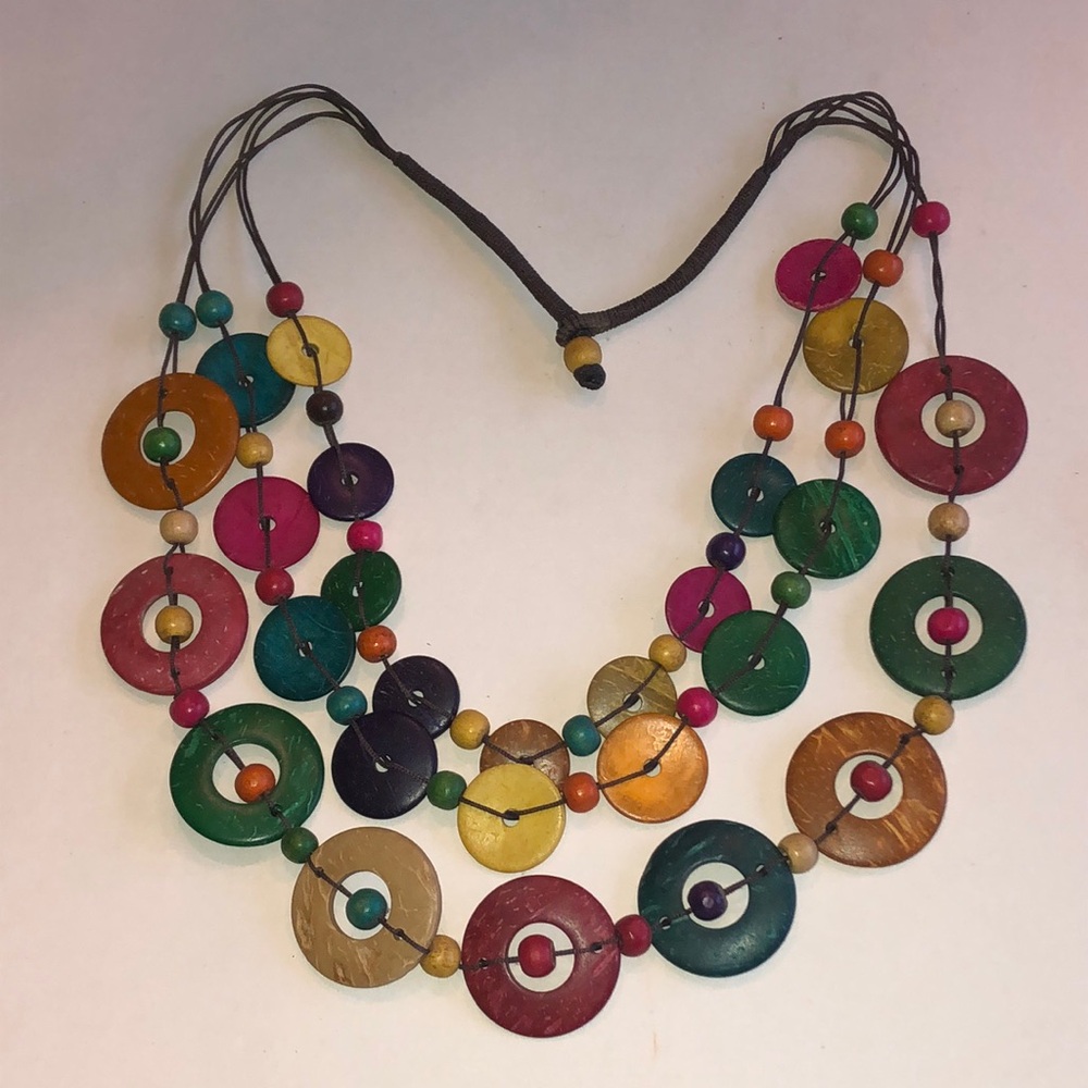 Multicolor Wooden Disc Layered Beaded Boho Necklace